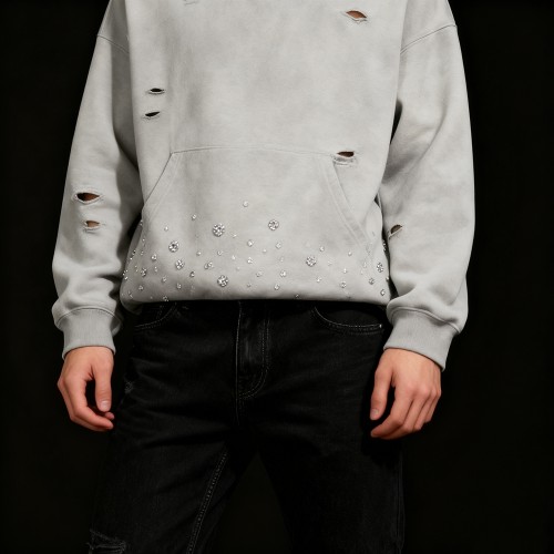 Men's Distressed Rhinestone Hoodie | Acid Wash + Rhinestone | B2B Streetwear Custom