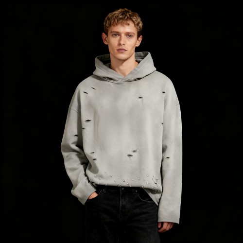 Men's Distressed Rhinestone Hoodie | Acid Wash + Rhinestone | B2B Streetwear Custom