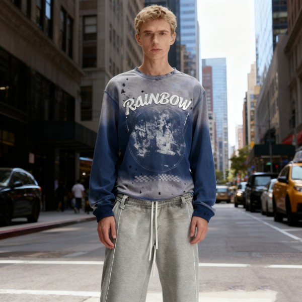 Men's Crew Neck Sweatshirt | Hand Drawn + Rhinestone + Wash +DTG | 100% Cotton | Custom Streetwear