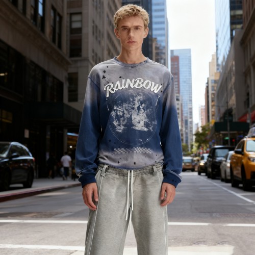 Men's Crew Neck Sweatshirt | Hand Drawn + Rhinestone + Wash +DTG | 100% Cotton | Custom Streetwear