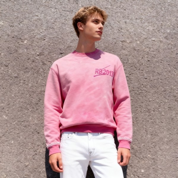 Men's Pink Acid Wash Sweatshirt | Spray + Rhinestone | 100% Cotton | OEM Streetwear