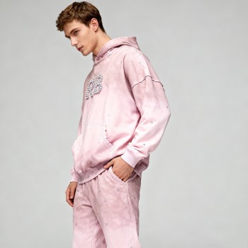 Men's Vintage Spray Hoodie Set | Rhinestone + Spray | 100% Cotton | Streetwear Manufacturer