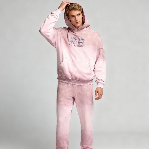 Men's Vintage Spray Hoodie Set | Rhinestone + Spray | 100% Cotton | Streetwear Manufacturer