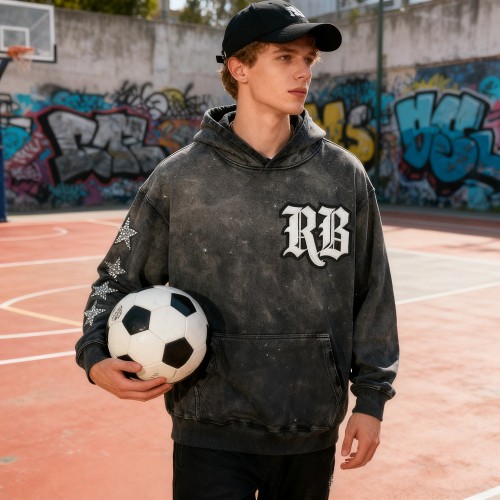 Vintage Acid Wash Hoodie Men | Rhinestone Stars + Patch Embroidery | Streetwear