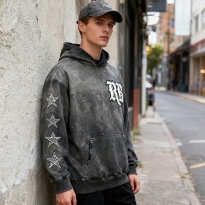 Vintage Acid Wash Hoodie Men | Rhinestone Stars + Patch Embroidery | Streetwear