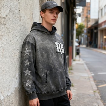 Vintage Acid Wash Hoodie Men | Rhinestone Stars + Patch Embroidery | Streetwear