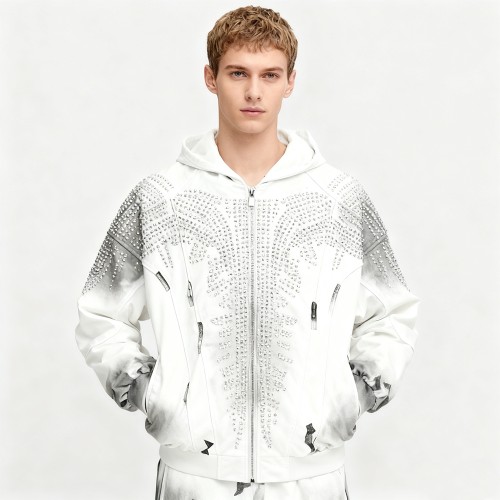 Men's DTG Hooded Jacket | Rhinestone + Spray + DTG | 100% Cotton | Streetwear Manufacturer