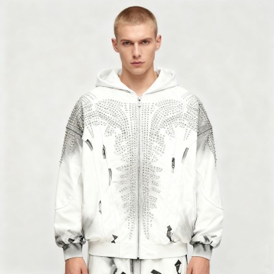 Men's DTG Hooded Jacket | Rhinestone + Spray + DTG | 100% Cotton | Streetwear Manufacturer