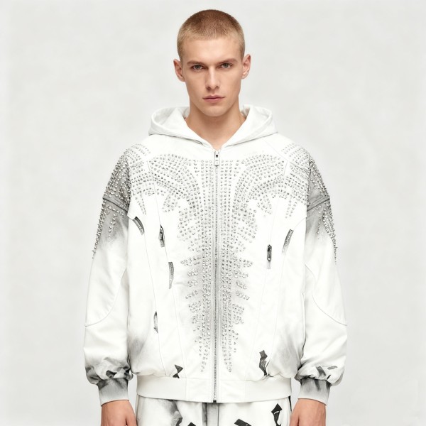 Men's DTG Hooded Jacket | Rhinestone + Spray + DTG | 100% Cotton | Streetwear Manufacturer