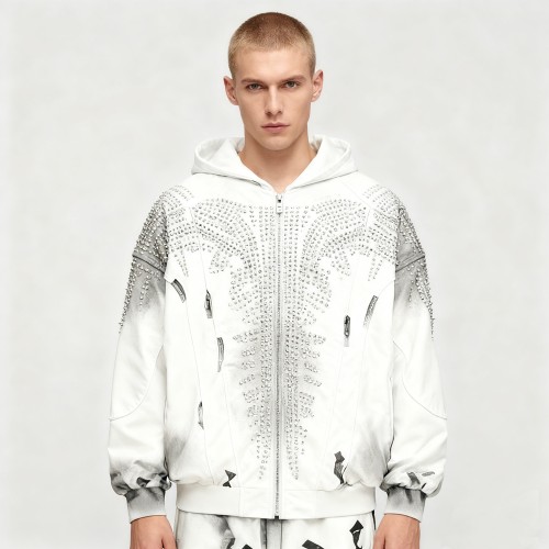 Men's DTG Hooded Jacket | Rhinestone + Spray + DTG | 100% Cotton | Streetwear Manufacturer