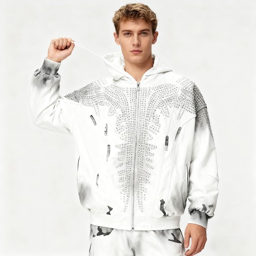 Men's DTG Hooded Jacket | Rhinestone + Spray + DTG | 100% Cotton | Streetwear Manufacturer