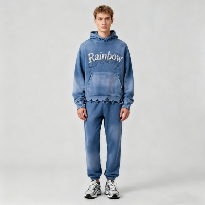 Men's Vintage Washed Hoodie Set | Acid Wash + Rhinestone | Street Fashion | B2B Wholesale