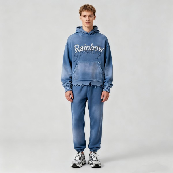 Men's Vintage Washed Hoodie Set | Acid Wash + Rhinestone | Street Fashion | B2B Wholesale