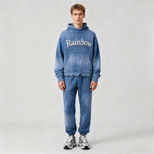 Men's Vintage Washed Hoodie Set | Acid Wash + Rhinestone | Street Fashion | B2B Wholesale