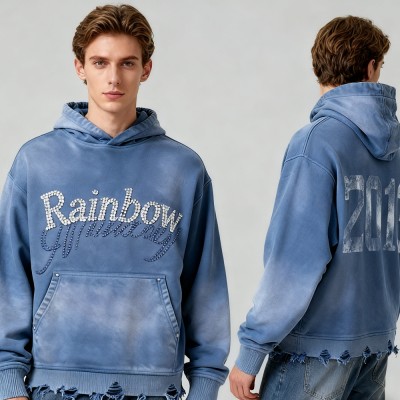 Men's Vintage Washed Hoodie Set | Acid Wash + Rhinestone | Street Fashion | B2B Wholesale