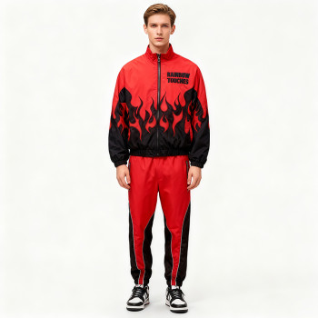 Red Black Flame Print Tracksuit | Men's Sporty Jacket Pants Set | Custom Streetwear | OEM Streetwear