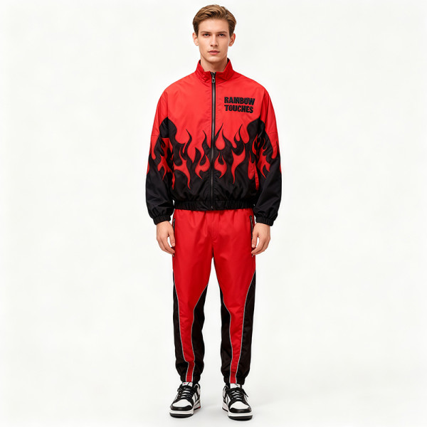 Red Black Flame Print Tracksuit | Men's Sporty Jacket Pants Set | Custom Streetwear | OEM Streetwear