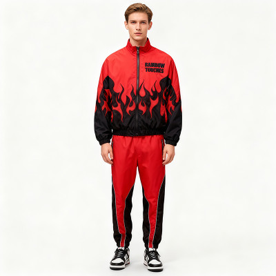 Red Black Flame Print Tracksuit | Men's Sporty Jacket Pants Set | Custom Streetwear | OEM Streetwear