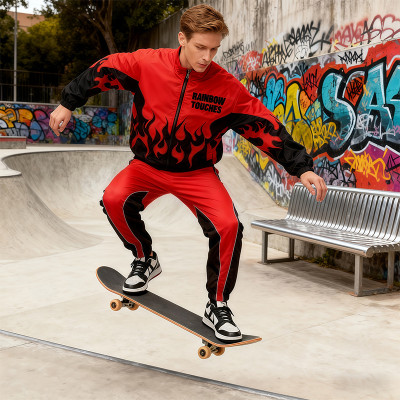 Red Black Flame Print Tracksuit | Men's Sporty Jacket Pants Set | Custom Streetwear | OEM Streetwear