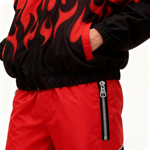 Red Black Flame Print Tracksuit | Men's Sporty Jacket Pants Set | Custom Streetwear | OEM Streetwear