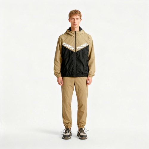 Men's Two - Tone Hooded Tracksuit | Black & Khaki Color - block | OEM Streetwear