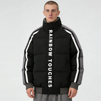 Men's Black Puffer Jacket with Silk Screen Print | Striped Splicing Winter Coat | Warm Outerwear | Custom Streetwear Manufacturer