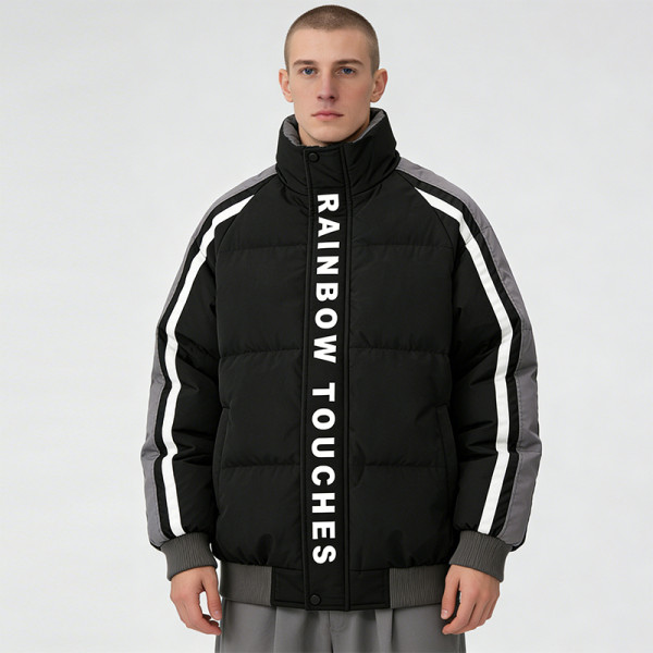 Men's Black Puffer Jacket with Silk Screen Print | Striped Splicing Winter Coat | Warm Outerwear | Custom Streetwear Manufacturer