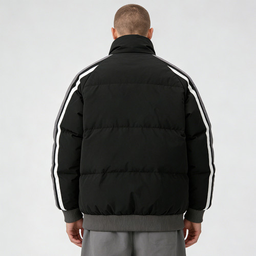 Men's Black Puffer Jacket with Silk Screen Print | Striped Splicing Winter Coat | Warm Outerwear | Custom Streetwear Manufacturer