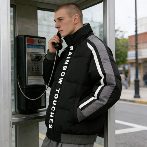 Men's Black Puffer Jacket with Silk Screen Print | Striped Splicing Winter Coat | Warm Outerwear | Custom Streetwear Manufacturer
