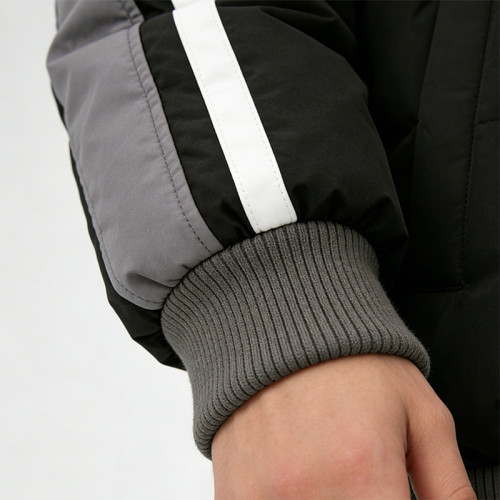 Men's Black Puffer Jacket with Silk Screen Print | Striped Splicing Winter Coat | Warm Outerwear | Custom Streetwear Manufacturer