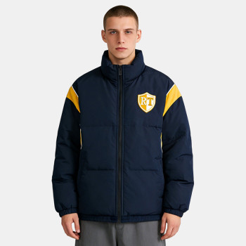 Men's Navy Puffer Jacket with Towel Embroidery | Patchwork and Stitch Design | Number Print Back | OEM Streetwear