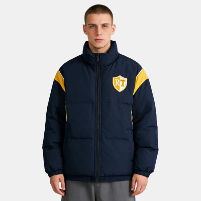 Men's Navy Puffer Jacket with Towel Embroidery | Patchwork and Stitch Design | Number Print Back | OEM Streetwear