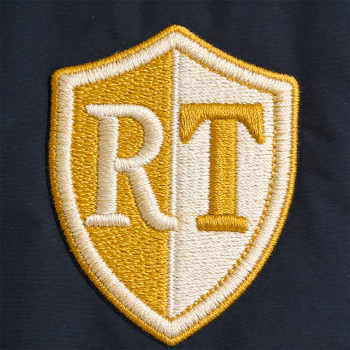 Men's Navy Puffer Jacket with Towel Embroidery | Patchwork and Stitch Design | Number Print Back | OEM Streetwear