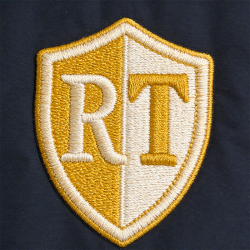 Men's Navy Puffer Jacket with Towel Embroidery | Patchwork and Stitch Design | Number Print Back | OEM Streetwear