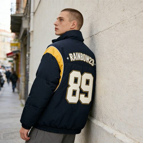 Men's Navy Puffer Jacket with Towel Embroidery | Patchwork and Stitch Design | Number Print Back | OEM Streetwear
