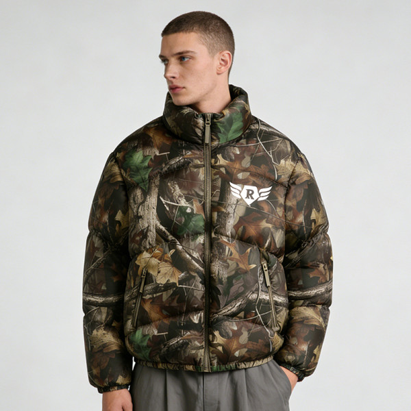 Men's Camouflage Puffer Jacket | Silk Screen & Digital Print Logo | Warm Winter Coat | Custom Streetwear Manufacturer