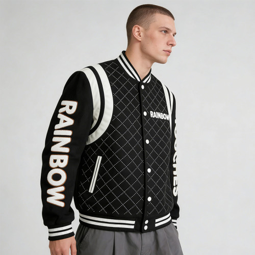 Custom Men's Embroidered Jacket|Quilted Black Varsity Jacket with Towel Embroidery | Streetwear Manufacturer