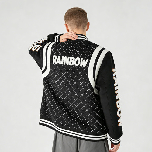 Custom Men's Embroidered Jacket|Quilted Black Varsity Jacket with Towel Embroidery | Streetwear Manufacturer