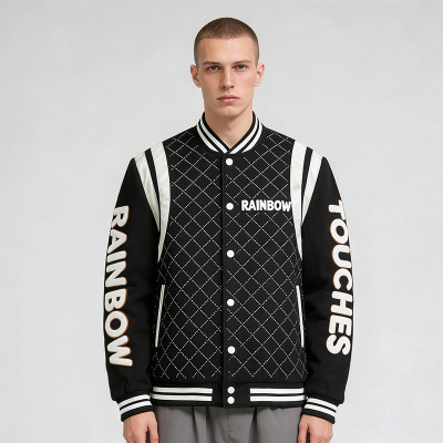 Custom Men's Embroidered Jacket|Quilted Black Varsity Jacket with Towel Embroidery | Streetwear Manufacturer
