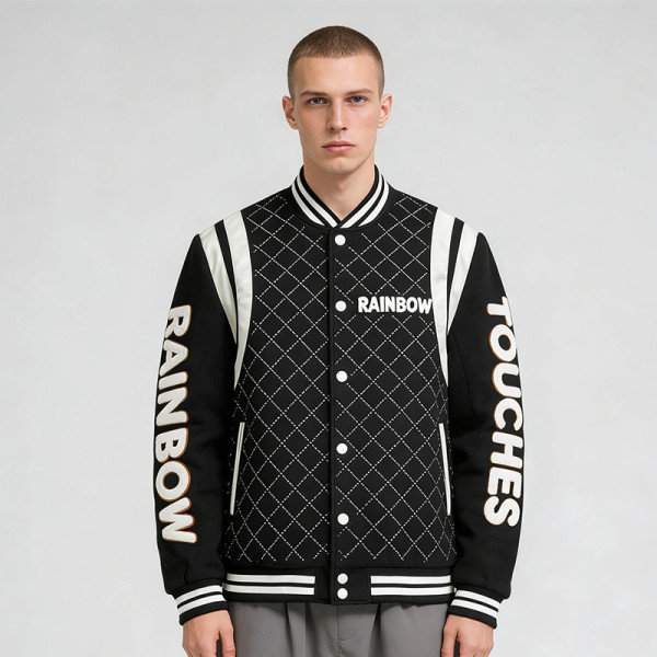 Custom Men's Embroidered Jacket|Quilted Black Varsity Jacket with Towel Embroidery | Streetwear Manufacturer