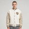 Beige Varsity Jacket with Leather Sleeves & RT Patch | Custom Streetwear Manufacturer