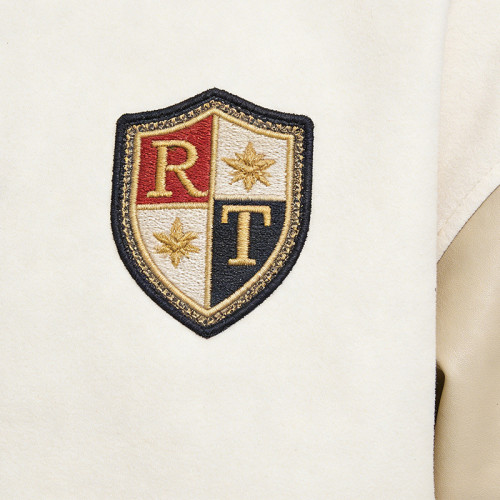 Beige Varsity Jacket with Leather Sleeves & RT Patch | Custom Streetwear Manufacturer
