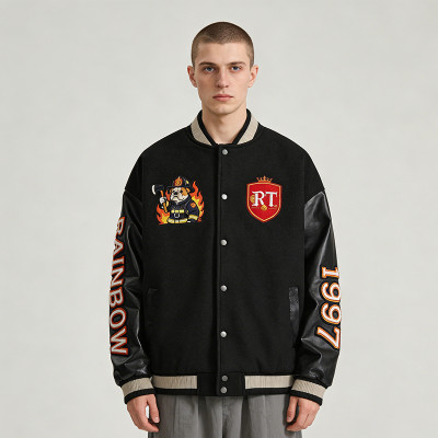 Black Varsity Jacket with Fire Embroidery & Leather Sleeves | Custom Streetwear