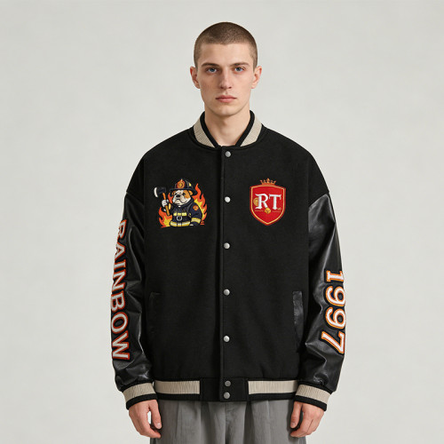 Black Varsity Jacket with Fire Embroidery & Leather Sleeves | Custom Streetwear