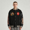 Black Varsity Jacket with Fire Embroidery & Leather Sleeves | Custom Streetwear