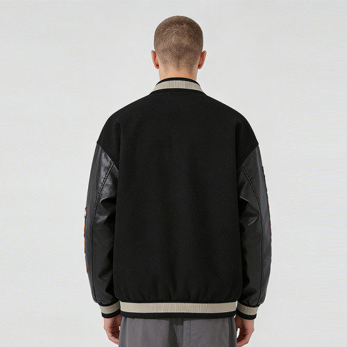 Black Varsity Jacket with Fire Embroidery & Leather Sleeves | Custom Streetwear