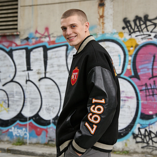 Black Varsity Jacket with Fire Embroidery & Leather Sleeves | Custom Streetwear