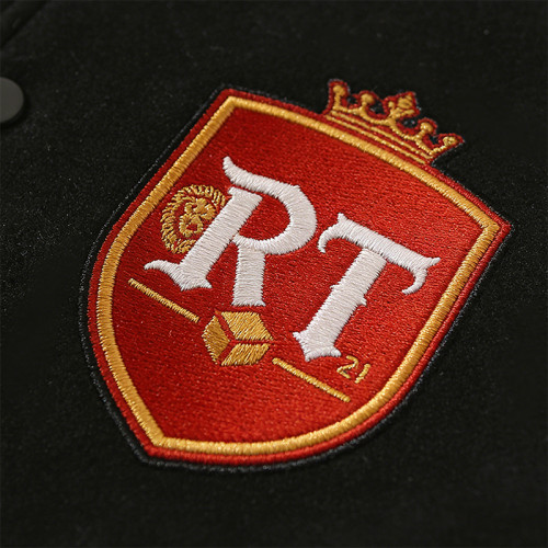 Black Varsity Jacket with Fire Embroidery & Leather Sleeves | Custom Streetwear