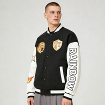 Lion Embroidery Varsity Bomber Jacket | RT Shield Logo | Rainbow Sleeves Design | Custom Streetwear Manufacturer