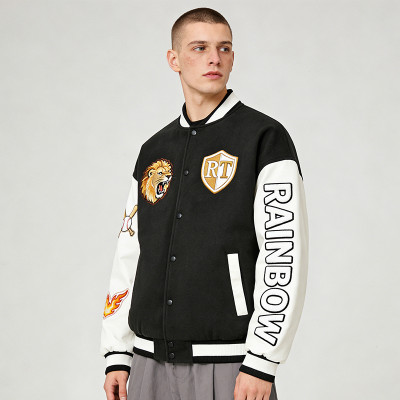 Lion Embroidery Varsity Bomber Jacket | RT Shield Logo | Rainbow Sleeves Design | Custom Streetwear Manufacturer